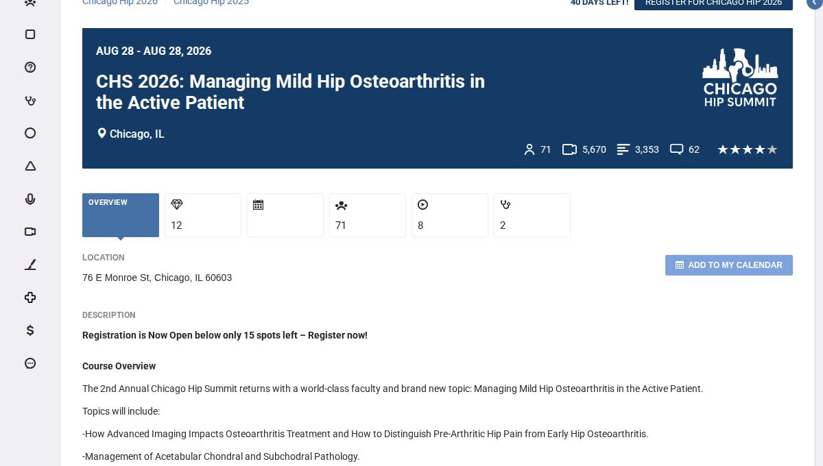 2nd Annual Chicago Hip Summit – Diagnosis and Treatment of Early Hip Osteoarthritis