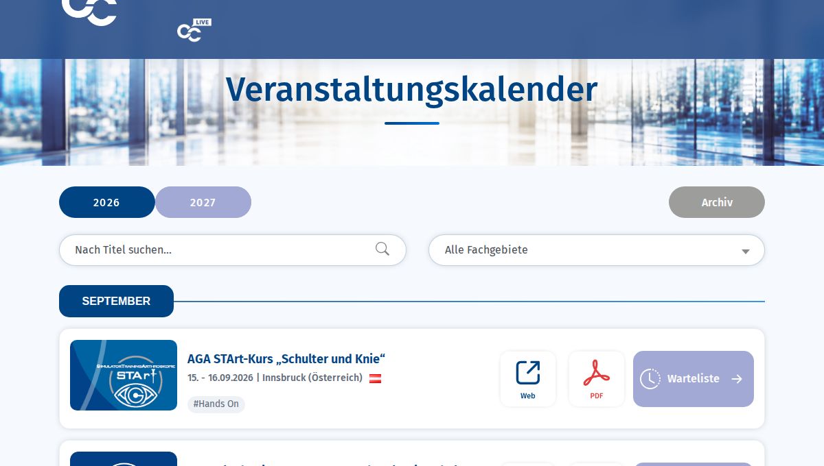 AGA-Akademie Basiskurs Arthroskopie Knie und Schulter
