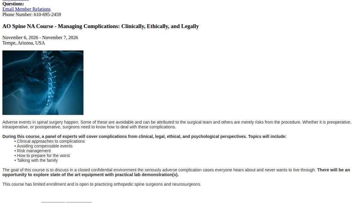 AO Spine NA Course – Managing Complications: Clinically, Ethically, and Legally